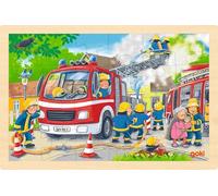 goki 57318 - Puzzle de Madera con diseño de Bomberos, 24 Piezas, con vehículo de Emergencia, Aprox. 30 cm de Ancho, a Partir de 3 años