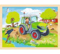 goki 57326 - Puzzle para Insertar Tractor y Granja de Madera, promueve la imaginación y la motricidad Fina en niños, Animales de Granja, 40 cm x 30 cm, Juego de 96 Unidades, a Partir de 3 años