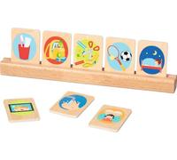 goki 58292 - Juego de tarjetas de rutina diaria para niños, 24 piezas, juego educativo de madera, incluye soporte para tarjetas