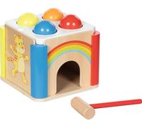 goki 58297 - Caja de madera con diseño de arco iris, con partes laterales intercambiables, juguete de motricidad de madera con banco de palma, martillo y 4 bolas