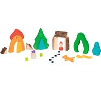goki 58303 - Juego de bloques de construcción Evolution, 25 piezas, madera con ladrillos de corteza y piedras de cristal, paisaje de cuento de hadas para jugar imaginativamente, fabricado en Europa
