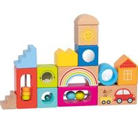goki 58346 - Bloques de construcción de madera de colores con diferentes formas y colores, así como con bolas y perlas, juguetes de habilidades motoras para niños, 18 x 18 cm, juego de 14, a partir de
