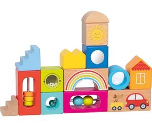 goki 58346 - Bloques de construcción de madera de colores con diferentes formas y colores, así como con bolas y perlas, juguetes de habilidades motoras para niños, 18 x 18 cm, juego de 14, a partir de