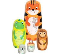 goki 60661 - Muñecas Matryoshka Tiger Tavi y Sus Amigos de Madera, Juego de apilamiento de Animales clásico, Juguetes educativos para Promover la motricidad y comprensión del tamaño, Juego de 5