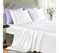 GOLAL Sábanas de satén queen, 4 piezas, sábanas suaves y sedosas, sábanas de seda satinada blanca, antiarrugas con 1 sábana bajera profunda, 1 sábana encimera, 2 fundas de almohada