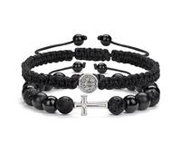 GolbalJew Pulseras de cuentas de cruz para hombre, ajustables, tejidas, 8 mm, obsidiana, hematita, piedra de lava, juego de pulseras para el día del padre, regalos de cumpleaños, 7.4-9.4in, Piedra, No