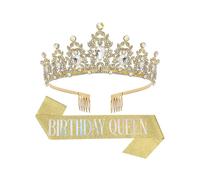(Gold)1 Set Etiquette Belt Set Letter Printed Long Ribbon Rhinestone Inlay Queen Crown Two-piece Set