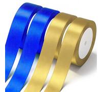 Gold and Blue Satin Ribbon 4 Rolls x 1 Inch Gold and Blue Wide Satin Fabric Ribbon for Gift Packaging, Christmas, Wedding, Flower Bouquet, Holiday Party, Invitation