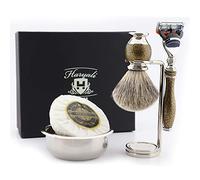 Gold Antik - Juego de afeitado (5 unidades, pelo de tejón puro, brocha de afeitar, 5 bordes y soporte para maquinilla de afeitar y brocha, cuenco de afeitar)