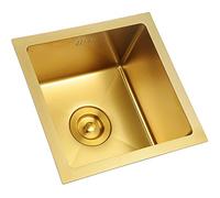 Gold Bar Prep - Mini trompeta esencial para cocina, fregadero cuadrado de acero inoxidable de 15 pulgadas con tapón de colador de drenaje dorado, montaje inferior de un solo tazón o empotrable