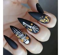 Gold Blossomy Skeleton - Pezuña negra opaca con forma de tuerca intermedia, pezuñas para fiesta de Halloween, sustancia de ABS, Unguis Addons para pegar en las uñas