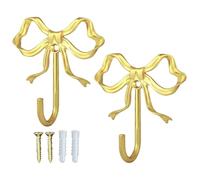 Gold Bow Hooks, 2 Piece Hook Hanger for Home, Multi Purpose Holder with Stylish Design, Wall Metal for Living Room, Bedroom, Nursery, Closet, Offices, Entrance, Kitchen and Bathroom, 4.13x3.82 Inches