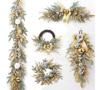 Gold Christmas Garland 5 Pieces Set, Christmas Vine, Artificial Garland, Realistic, Garlands for Decoration for Home Front Door Porch, Entryway Xmas Decor, Wall