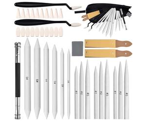 GOLD DEER Juego de 40 herramientas de dibujo para bocetos, tocones de mezcla, tortillones, borrador amasado, extensor de lápiz, sacapuntas de papel de lija y puntas de esponja con bolsa de fieltro