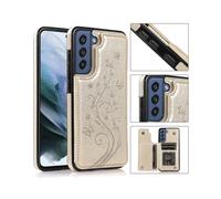 (Gold)Double Buckle Butterfly Floral Design Samsung Galaxy S23 Phone Case With Lens Protection, Built-in Stand, Hidden Card Slot, Waterproof