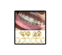Gold Grillz - Juego de dientes de hip hop de cara abierta, chapadas en oro de 14 quilates, tapas dentales para la parte superior inferior de los dientes, parrillas extraíbles para hombres y mujeres