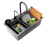 Gold Kitchen Sink with Pull-out Faucet Small Basin & Cup Washer Stainless Steel Workstation Bar Sink Nano Coated Farmhouse Drop-in Sink (Black 75x50x21cm)