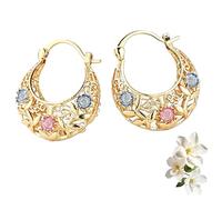 Gold-Plated Crescent Moon Hoop Earrings with Floral Enamel, Lightweight Earrings for Women, Elegant Jewelry Gift (2pcs)