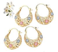 Gold-Plated Crescent Moon Hoop Earrings with Floral Enamel, Lightweight Earrings for Women, Elegant Jewelry Gift (4pcs)