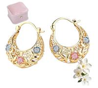 Gold-Plated Crescent Moon Hoop Earrings with Floral Enamel, Lightweight Earrings for Women, Elegant Jewelry Gift (2pcs+box)