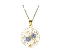 Gold-Plated Handmade Necklace with Pressed Forget-me-not and Carrot Flower Petals Featuring Real Flowers