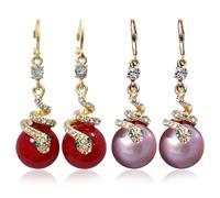 Gold Plated Snake Pearl Earrings, Vintage Snake Shaped Wrap Pearl Drop Dangle Earrings, Gothic Gold Snake Shape Earrings, Cute Animal Statement Jewelry Gifts for Women (Red+Purple)