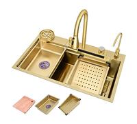 Gold Stainless Steel Waterfall Sink - Single Bowl Kitchen Sink with Glass Rinser Pull-out Faucet Knob Drain Drain Drain Strainer & Accessories - 68x45x22cm