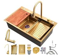 Gold Stainless Steel Workstation Sink with Pull-out Faucet Compact Cup Drain Set Nano Coated Single Basin for Kitchen 85 x 50 cm Modern Waterfall Design