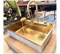 Gold Stainless Steel Workstation Sink with Pull-out Faucet Small Cup Basin Nano Coated Single Sink Drain Set 85x45 cm Waterfall Design for Modern Kitchens