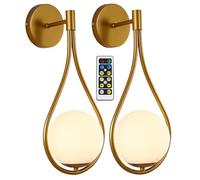 Gold Wall Lights Operated LED Remote Wall Sconces Set of 2, Globe Wall Mounted Bedroom Bedsides Wireless Wall Lamp Light Fixture Home Decorat for Living Room Bat