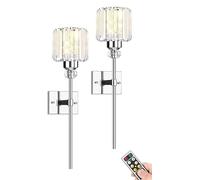 Gold Wall Sconces Lighting Operated Set of 2,No Wiring Rechargeable Wall Lights Fixture with Wireless Remote,Clear Glass Long Wall Lamp for Bedroom Bathroom Living R