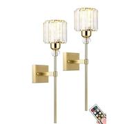 Gold Wall Sconces Lighting Operated Set of 2,No Wiring Rechargeable Wall Lights Fixture with Wireless Remote,Clear Glass Long Wall Lamp for Bedroom Bathroom Living R
