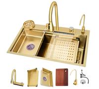 Gold Waterfall Kitchen Sink - Large Single Bowl Bar Sink with Slide-And-Dine Workstation Knob Drainage Accessories 75x45x22cm - Elegant & Functional Design