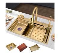 Gold Waterfall Kitchen Sink - Stainless Steel Single Bowl Workstation with Pull-out Faucet & Knob Drainage 80x45x22cm Modern Slide-And-Dine Design for Stylish Cooking