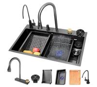 Gold Waterfall Kitchen Sink with Pull-out Faucet Stainless Steel Workstation Bar Sink Small Basin Cup Washer & Drain Kits Nano Coated Farmhouse Drop-in Sink (Black 75x45x21cm)