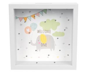 goldbuch 92 0082 Welcome Little One - Hucha con Fondo Intercambiable, Marco de Madera MDF, Caja de Dinero para Monedas y Billetes, Hucha con Soporte de Pared, 18 x 18 x 5 cm, Color Blanco