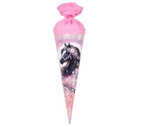goldbuch 93141 Luna - Bolsa Escolar para Hermanos (35 cm de diámetro | Pequeña bolsa de caramelo redonda de cartón rosa con caballo negro, bolsa de regalo con cierre de fieltro rosa (sin cinta de