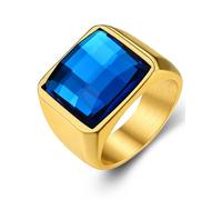 GoldChic Anillo Coctel Banda Grande Cristal Azul, Chunky Fidget Ring Anillo de Sello Cuadrado Talla 72, Dorado