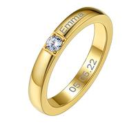 GoldChic Anillo Nombre Hijos Amor Promesa Pedida de Mano, Personalizado Anillo Banda Fina con Cristal Natal, Dorado