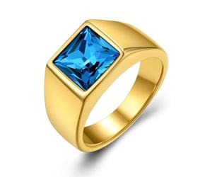 GoldChic Anillo Promesa Sello Cuadrado Acero Hombre Esposo, Incrustado Cristal Azul Talla 67 Anillo Titanio Dorado