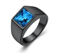 GoldChic Anillos Hombre Sello Cuadrado 8mm Ancho Acero Inoxidable con Piedra Negro/Azul Anillo Personalizado Piedra Nacimiento Preciosa Sintética Tamaño 14.5-32.5