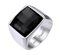 GoldChic Anillos Sello Cuadrado con Cristal Negro Azul 15mm Ancho, Anillo Buen Peso Sólido para Promesa Amistad