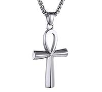 GoldChic Collar Cruz Ankh Egipcia Plata Acero Inoxidable Plateado Colgante Crucifijo Hombre Mujer Joyería Amuleto Protección Cadena 56+5cm