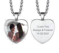 GoldChic Guarda Foto Familia Mascota Corazon Colgante Placa Texto Grabado Foto Joya Recuerdo Collar Mujer Etiqueta Imagen Acero Inoxidable Color Platino