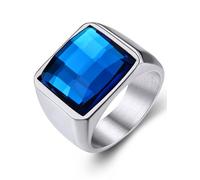 GoldChic Jewelry - Anillo de plata para mujer, anillo de cristal para ella, anillo de acero inoxidable personalizado con topacio azul y piedra natal de ónix negro, 13, Metal, Zafiro sintético