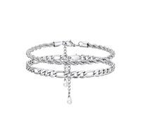 GoldChic JEWELRY Juego Pulsera Pie Mujer Hombres, 2 piezas, Platino, Pack Tobilleras de Cadenas Cubanas, 22cm Largo con Alargador