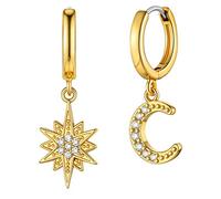 GoldChic Pendientes Redondos Aros Plata Ley Pendientes Estrella Luna Brillantes Circones Unisex Colgantes Pendientes Circulo Creole Hoop