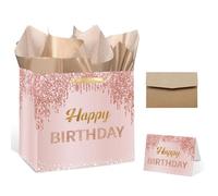 GOLDCROW Pequeña bolsa de regalo de cumpleaños de 7 pulgadas, cuadrada mediana rosa y oro rosa, bolsa de regalo de feliz cumpleaños con papel de seda y tarjeta de cumpleaños con Envolope, decoraciones