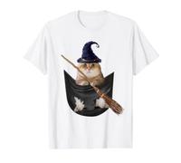 Golden British Cat In The Pocket Witch Hat Halloween Camiseta gráfica económica, Hombre, Blanco, M