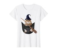 Golden British Cat In The Pocket Witch Hat Halloween Camiseta gráfica económica, Mujer, Blanco, S